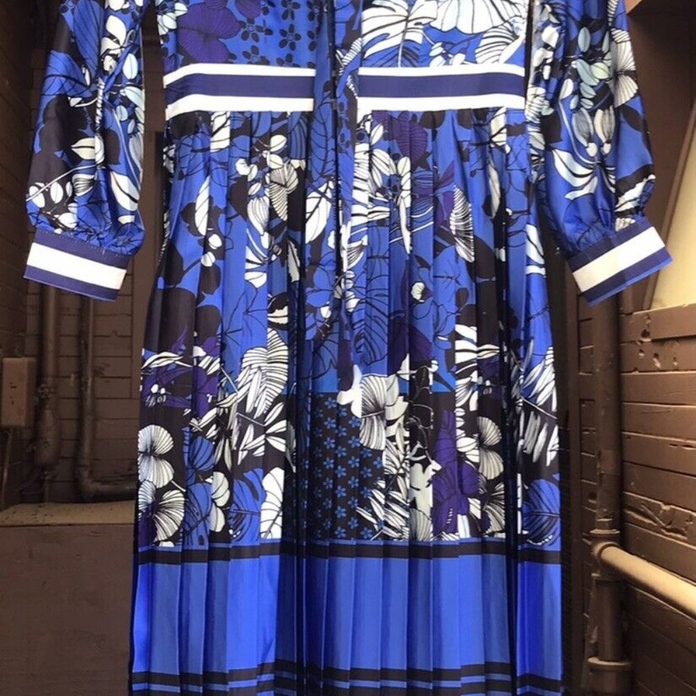 Dalia Macphee Floral Satin Pleated Dress, Size M, Royal Blue Tie-Neck